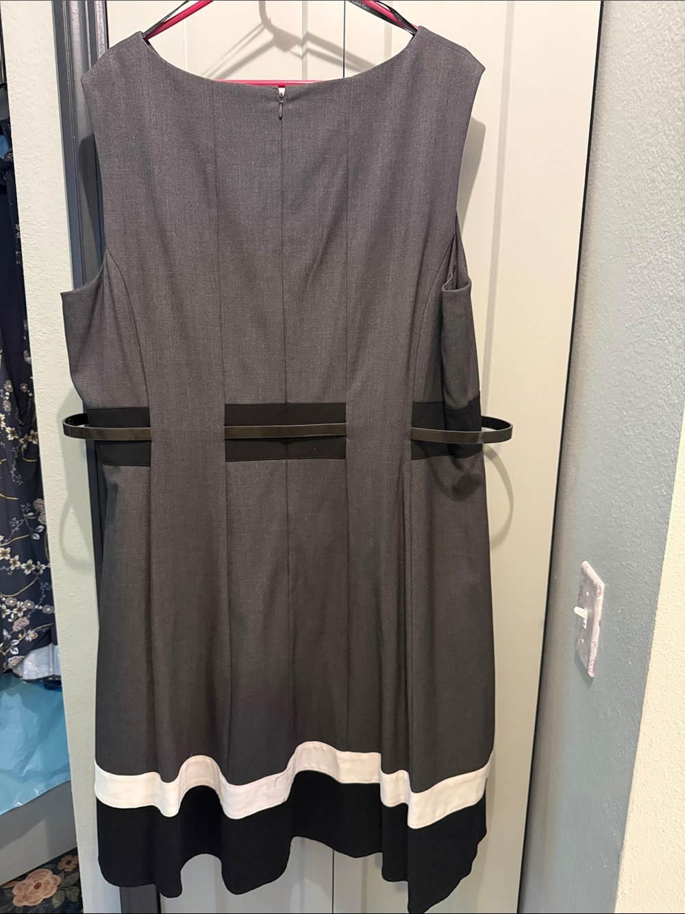 Calvin Klein Classic Grey Colorblock Fit & Flare Dress with Belt - Picture 2 of 3